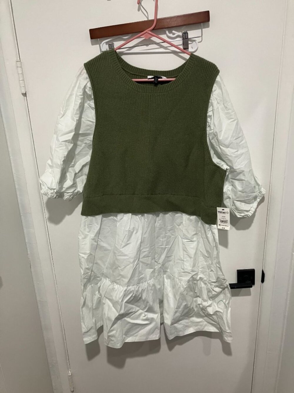 ELOQUII Elements Women's Twofer Poplin Dress w/ Sweater, Green/White, Size 22/24